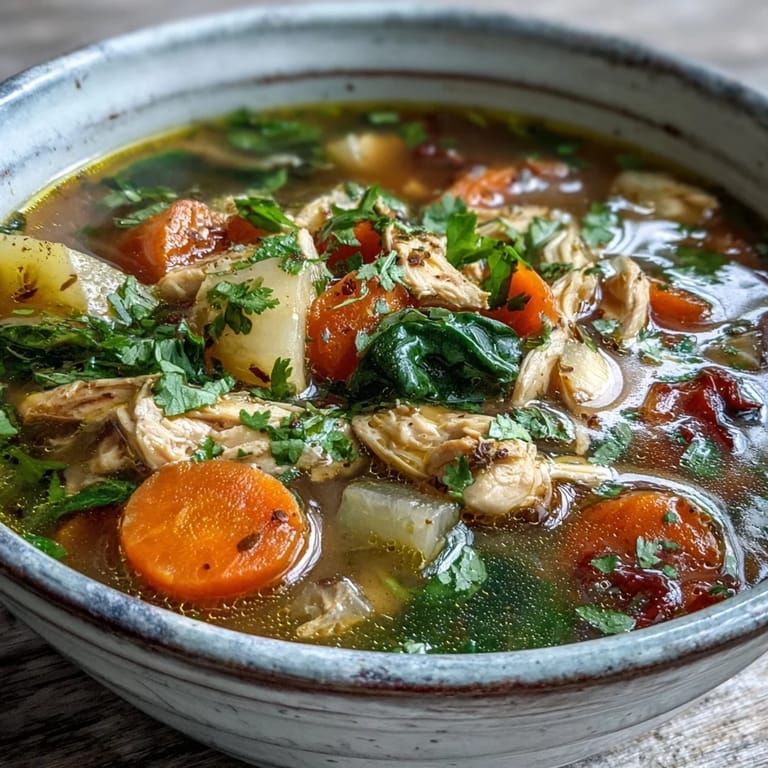 Comforting Turmeric Chicken Soup ladled into a white bowl, spinach wilted and lemon zest bright, ready to enjoy.