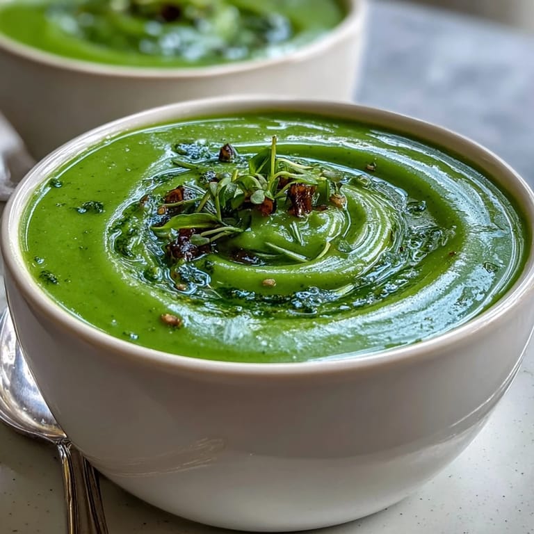 Vibrant green Courgette, Pea and Pesto Soup in a white bowl, perfect for springtime meals.