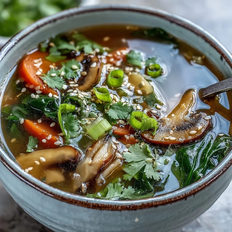 Overhead view of Miso Ginger Winter Soup in a rustic bowl, featuring vibrant carrots, shiitake mushrooms, and wilted greens in broth.