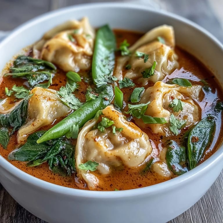 Fresh green onions and cilantro garnish a steaming bowl of red curry wonton soup with greens, served beside a lime wedge.
