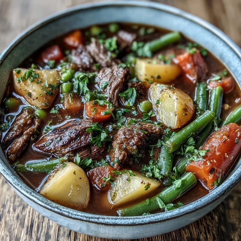 Steaming pot of homemade Beef and Vegetable Soup featuring rich broth, potatoes, celery, and aromatic herbs on a rustic table.