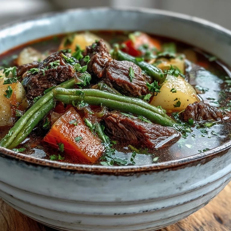 Spoon lifting a serving of Beef and Vegetable Soup, showing colorful root vegetables and tomatoes in a savory broth.