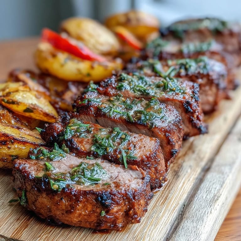 Sizzling marinated Ibérico pork fillet fresh from the oven, paired with golden potatoes and tender red peppers for a Spanish feast.