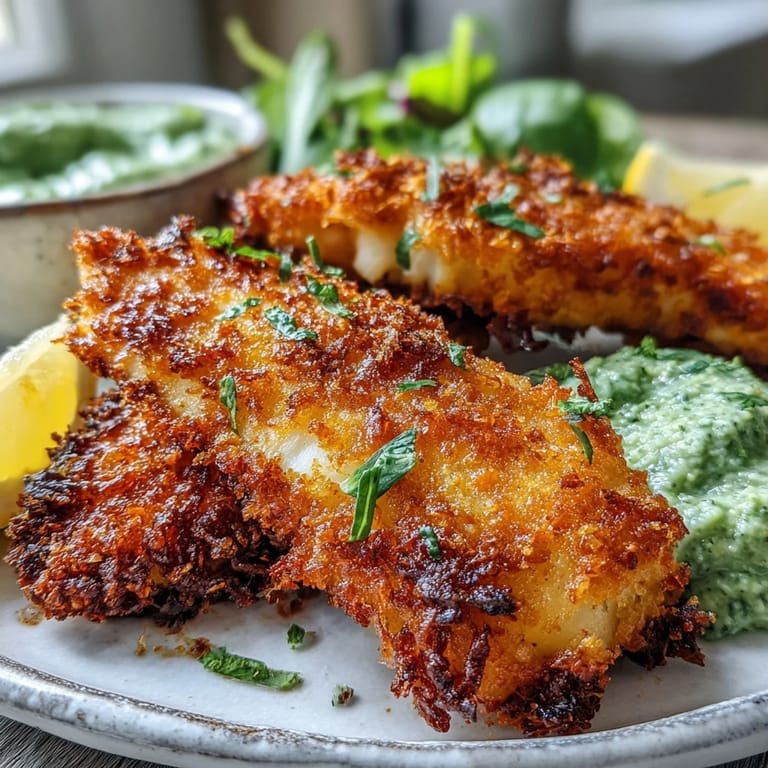 Crispy haddock goujons on a plate with vibrant pea pesto and a side of fresh salad greens.