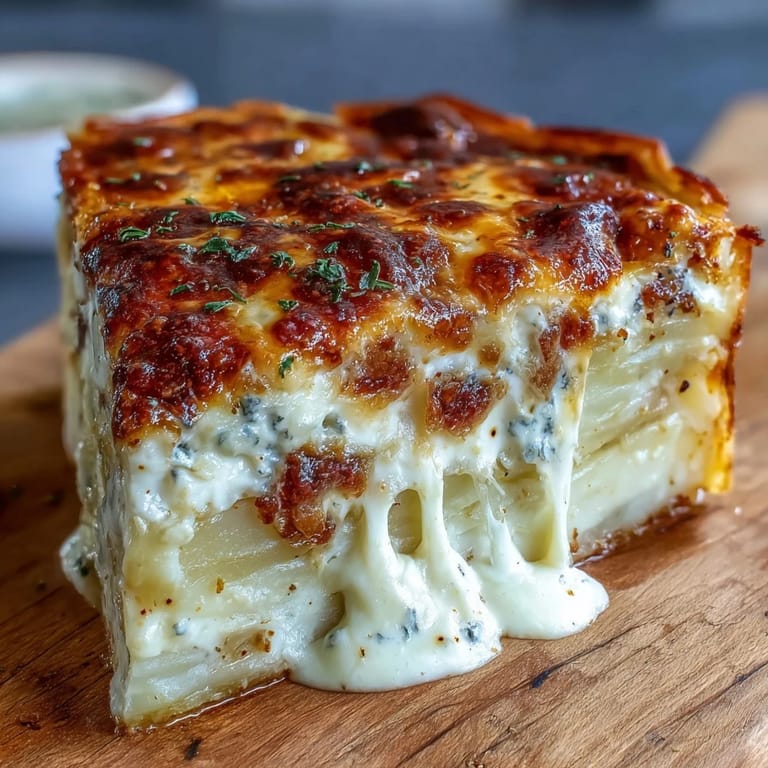 A close-up of Cheese and Potato Pie reveals creamy potato layers and savory onions in a rich, golden crust. 