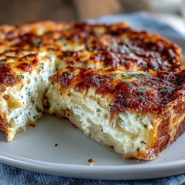 Freshly baked Cheese and Potato Pie rests in a dish, garnished with chives and served alongside a green salad.
