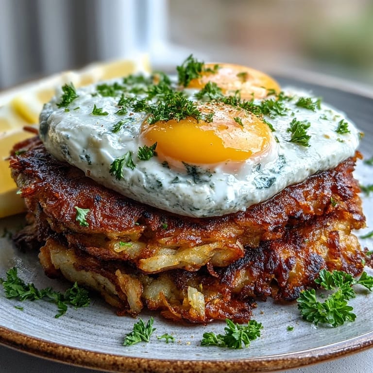 Plated vegetarian brunch dish featuring crunchy celeriac rösti, creamy harissa yogurt, and a fried egg with lemon wedges.