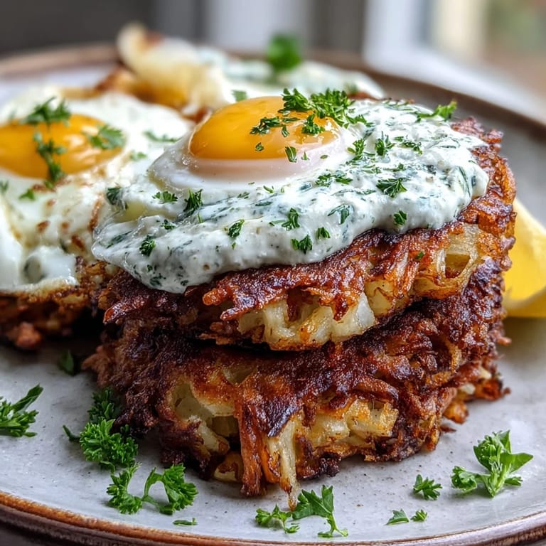 A close-up of perfectly pan-fried celeriac rösti and a runny fried egg, drizzled with vibrant harissa yogurt sauce.