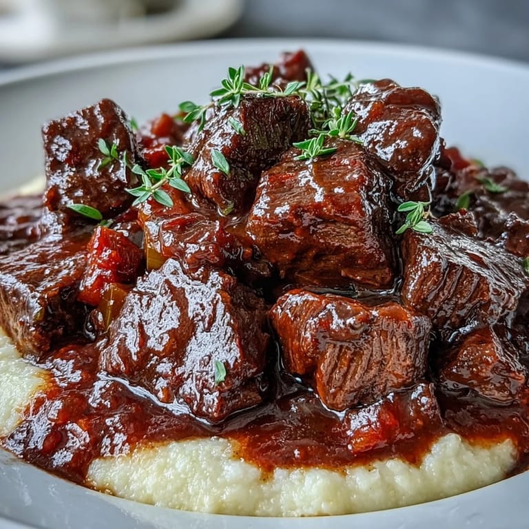 Rich venison stew with sloe gin and polenta in a cozy setting.