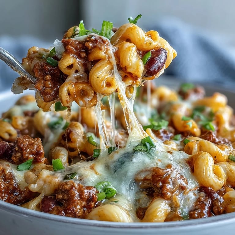 Ladleful of creamy One-Pan High Protein Chili Mac topped with green onions, sour cream, and crunchy tortilla chips for a hearty meal.