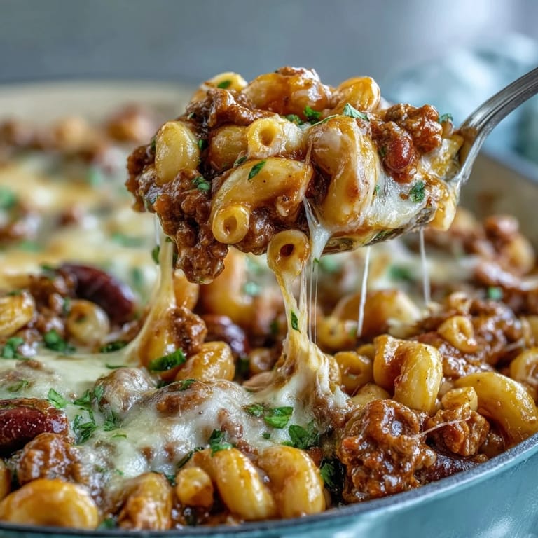 Ground beef and macaroni in One-Pan High Protein Chili Mac, garnished with cilantro and jalapeño slices for a spicy, protein-packed dinner.