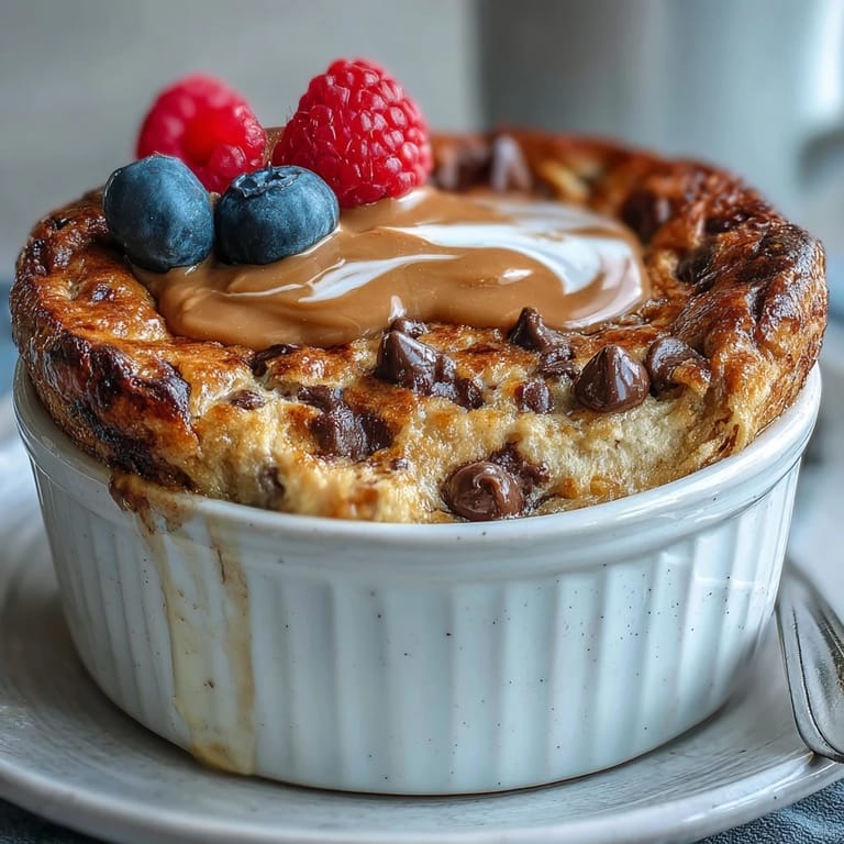Freshly baked Baked Protein Pancake Bowl in a ceramic ramekin, fluffy texture with chocolate chips and yogurt dollops.