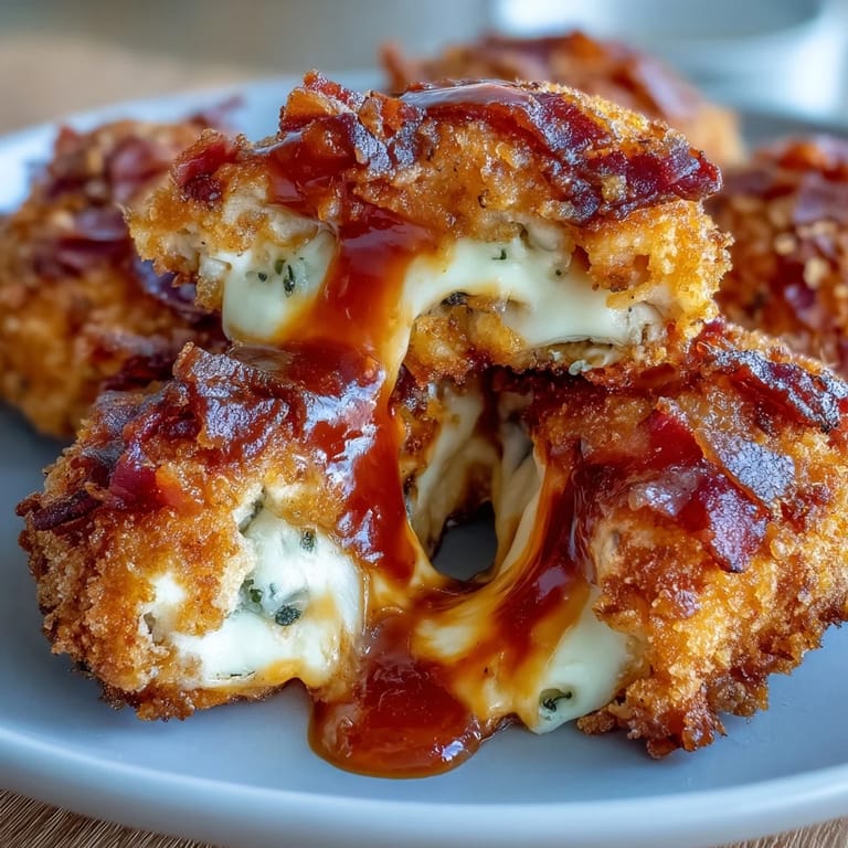 Twelve Buffalo Chicken Bacon Mozzarella Bombs arranged over blue cheese dip, showcasing crunchy panko crusts and smoky bacon garnish.