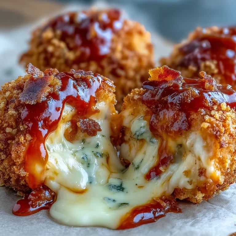 Hand dipping a Buffalo Chicken Bacon Mozzarella Bomb into ranch dressing, highlighting the saucy, bold American appetizer flavors.