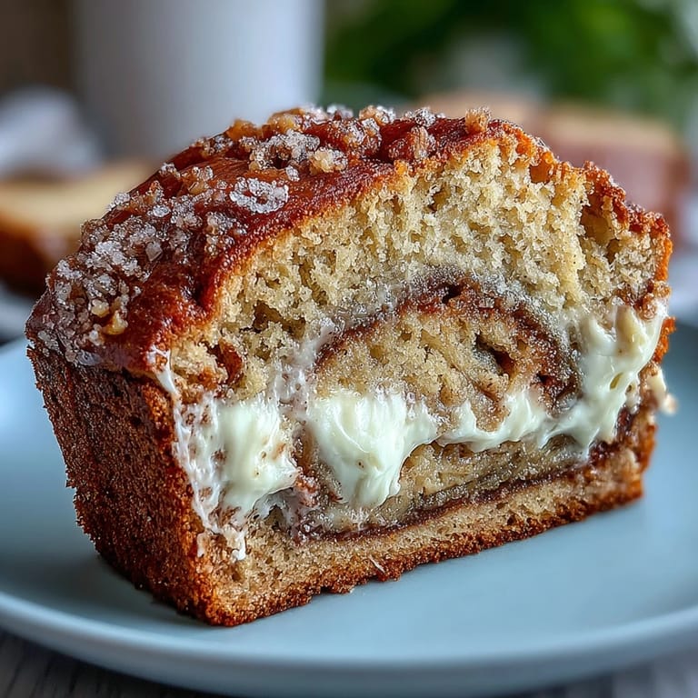 Freshly baked Cream Cheese Cinnamon Swirl Banana Bread cooling on a wire rack with the golden crust and moist crumb visible.