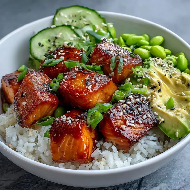 Vibrant Salmon Rice Bowl with tender salmon cubes, crisp veggies, creamy avocado, and a drizzle of spicy sriracha mayo.  