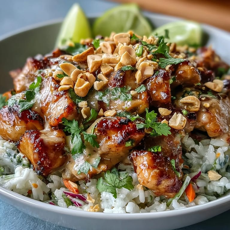 Heaping bowl of succulent Peanut Chicken Protein Bowl featuring golden chicken pieces, shredded carrots, and red cabbage, finished with a rich peanut sauce and lime wedge on the side.