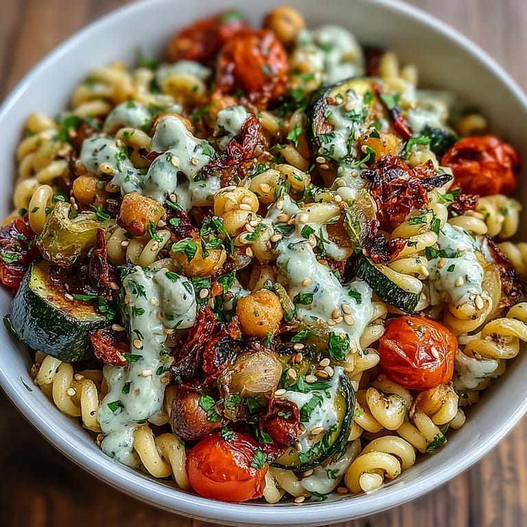Overhead view of a hearty Chickpea Pasta Bowl featuring roasted cherry tomatoes and chickpea noodles tossed in a rich sauce.