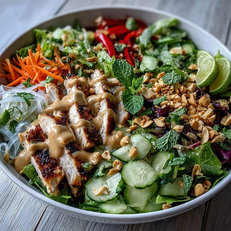 A deconstructed Rice Paper Roll Bowl served over rice with grilled chicken, julienned carrots, and red cabbage, garnished with roasted peanuts and lime wedges.