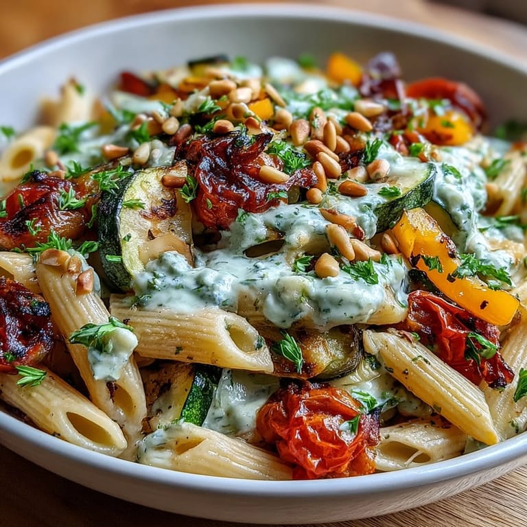 Serving suggestion for Whole Wheat Pasta Bowl, garnished with toasted pine nuts and fresh parsley on top.