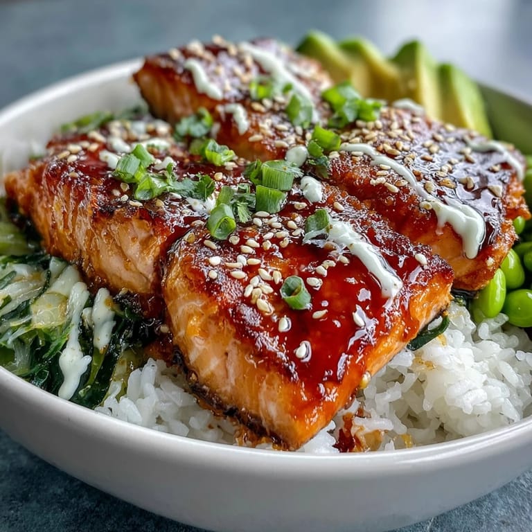 Pan-seared salmon coated in sticky honey sriracha glaze over jasmine rice, garnished with sesame seeds and green onions.