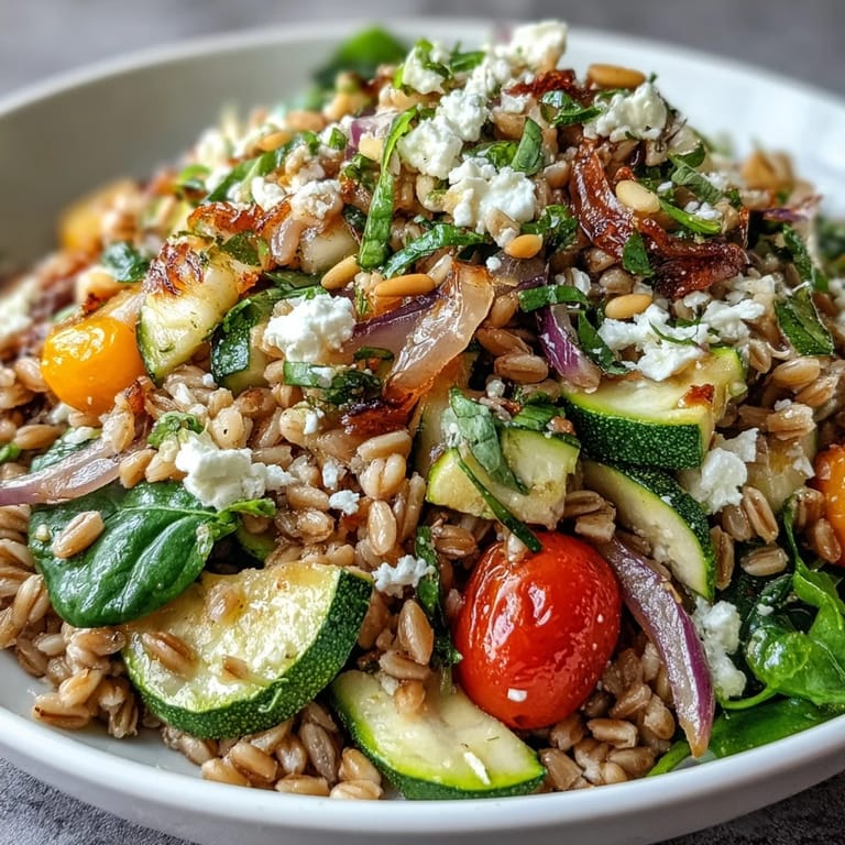 Plated Farro Pasta Bowl ready to serve, featuring tender greens and toasted pine nuts for crunch.