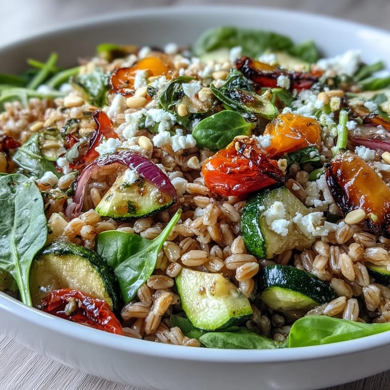 Colorful Mediterranean Farro Pasta Bowl topped with crumbled feta cheese and fresh parsley garnish.