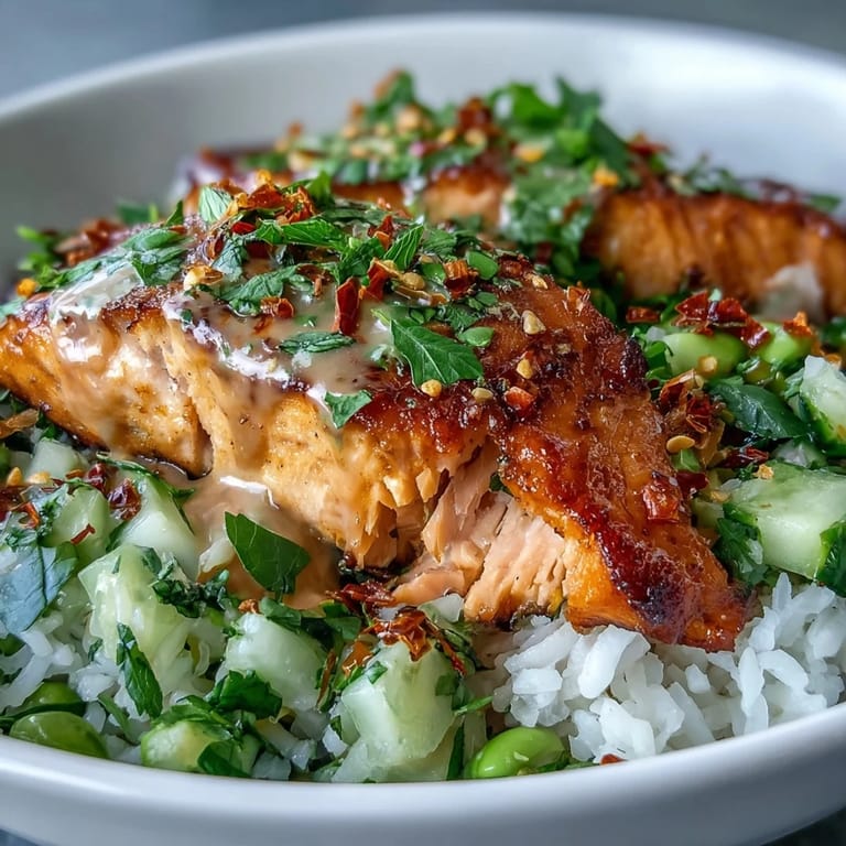 Perfectly baked Bang Bang Salmon nestled in a rice bowl with crisp veggies, a drizzle of spicy sauce, and fresh herbs.