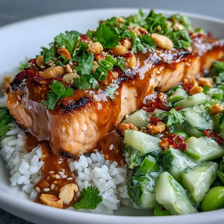 For this easy Bang Bang Salmon Bowl, flaky fish, cucumber salsa, and spicy bang bang sauce create a fresh, flavor-packed meal.