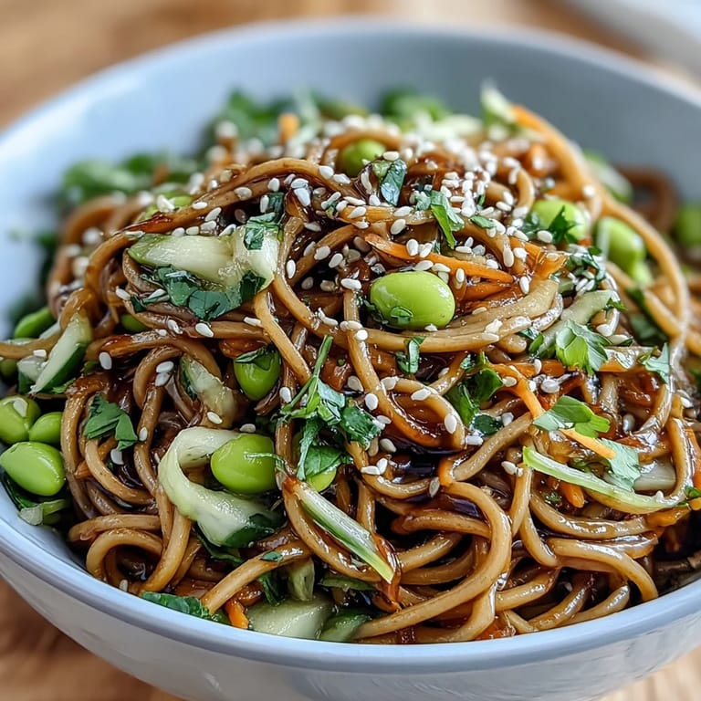 A close-up of a Soba Noodle Bowl with glossy sesame dressing, edamame, and fresh cilantro garnish, served in a white ceramic bowl.