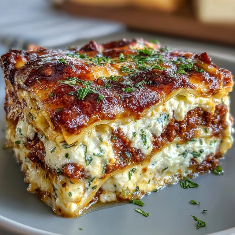 A close-up of a generous slice revealing rich meat sauce layers, creamy ricotta, and perfectly cooked pasta.