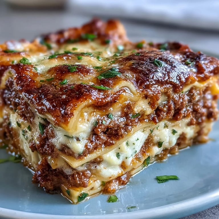 Family-style Worlds Best Lasagna on a rustic wooden table, served with a side salad and garlic bread.