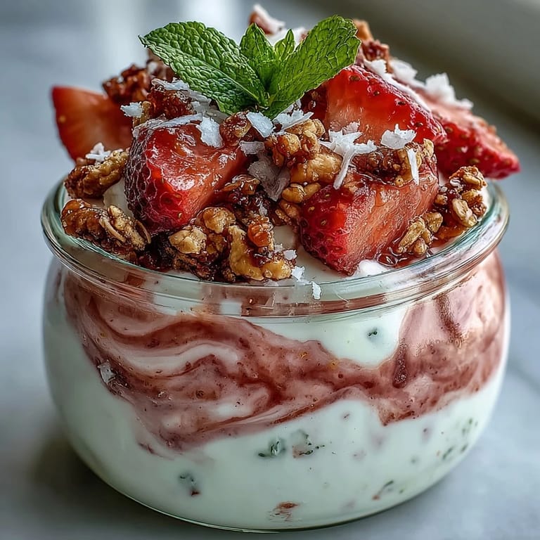 Homemade guava parfait topped with fresh sliced strawberries, diced kiwi, shredded coconut, and mint.