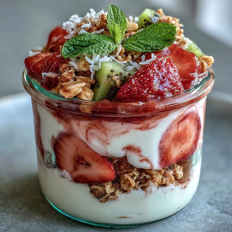 Ready-to-serve guava yogurt parfait, garnished with mint and coconut, perfect for a light breakfast.