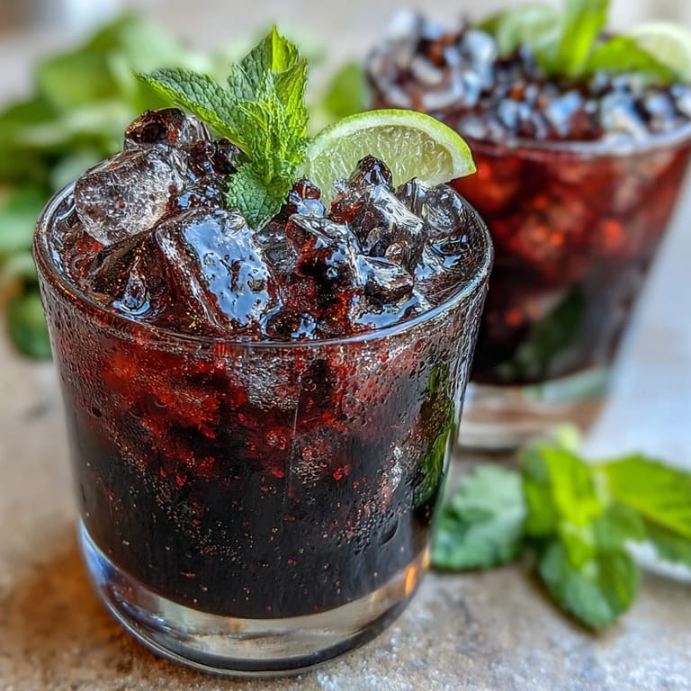 Close-up of a Black Currant Mojito garnished with mint, lime, and fresh black currants, perfect for warm weather gatherings.