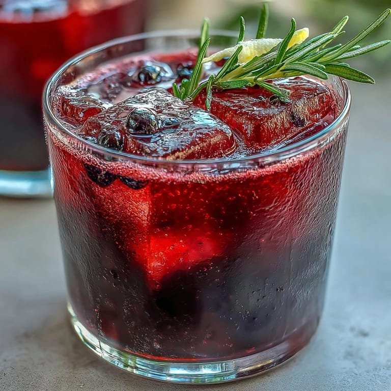 A cocktail shaker is prepared for the Black Currant Rosemary Cocktail, containing ice, bourbon, and dark berry liqueur next to a citrus press.