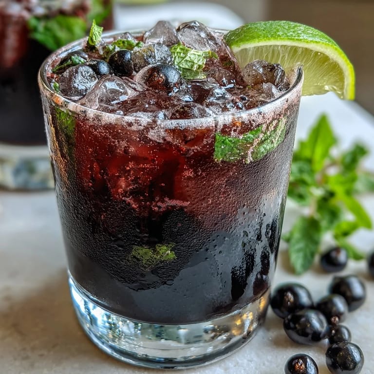 Close-up of a homemade Black Currant Mojito featuring deep purple juice, white rum, and aromatic mint, served in a glass ready for a relaxing evening.