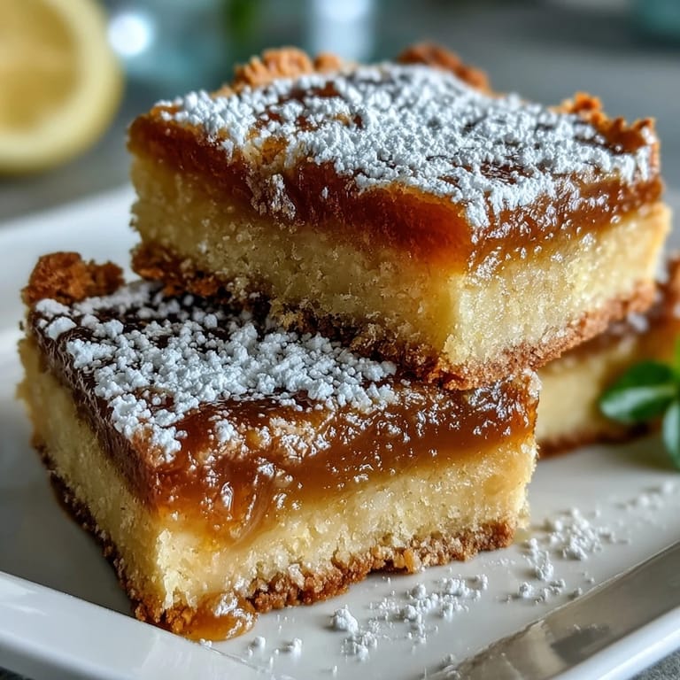 Freshly sliced bars with a bright lemon Earl Grey layer, paired with tea and dusted confectioners' sugar on top.