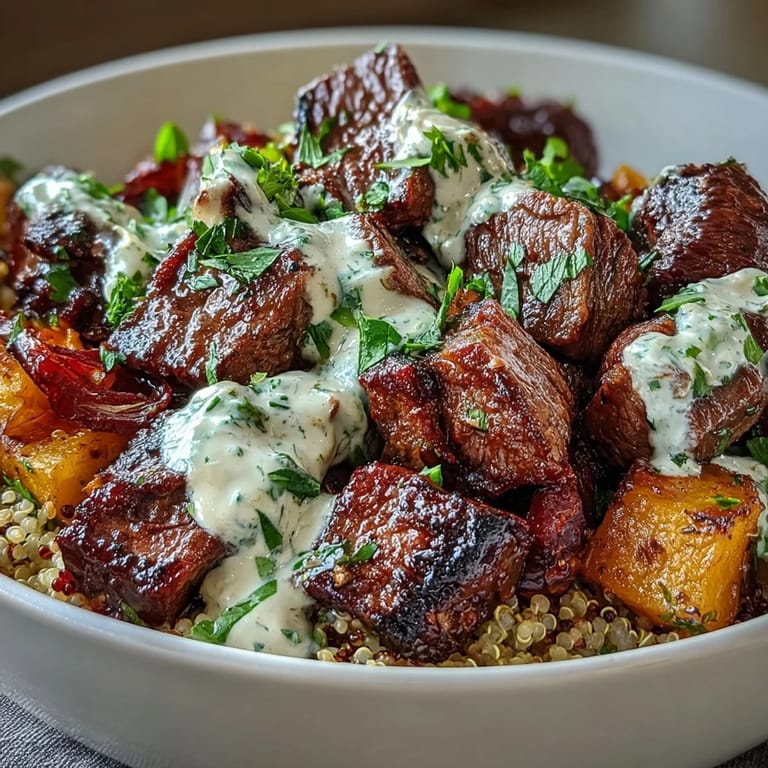 A fresh bowl of Savory Butternut Squash & Garlic Herb Steak Bowls topped with fluffy quinoa and parsley. 