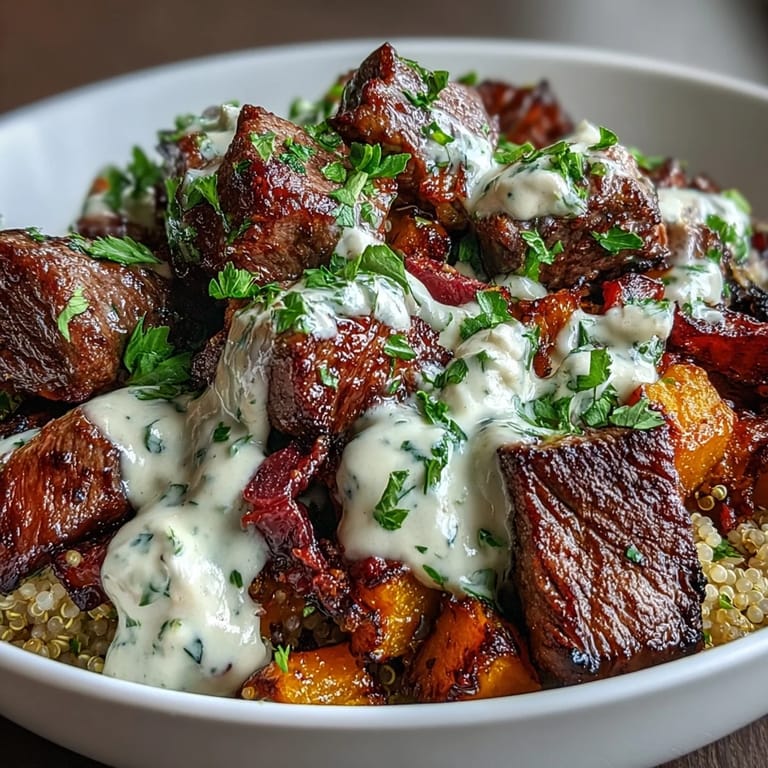 Overhead view of Savory Butternut Squash & Garlic Herb Steak Bowls drizzled with creamy garlic herb sauce.