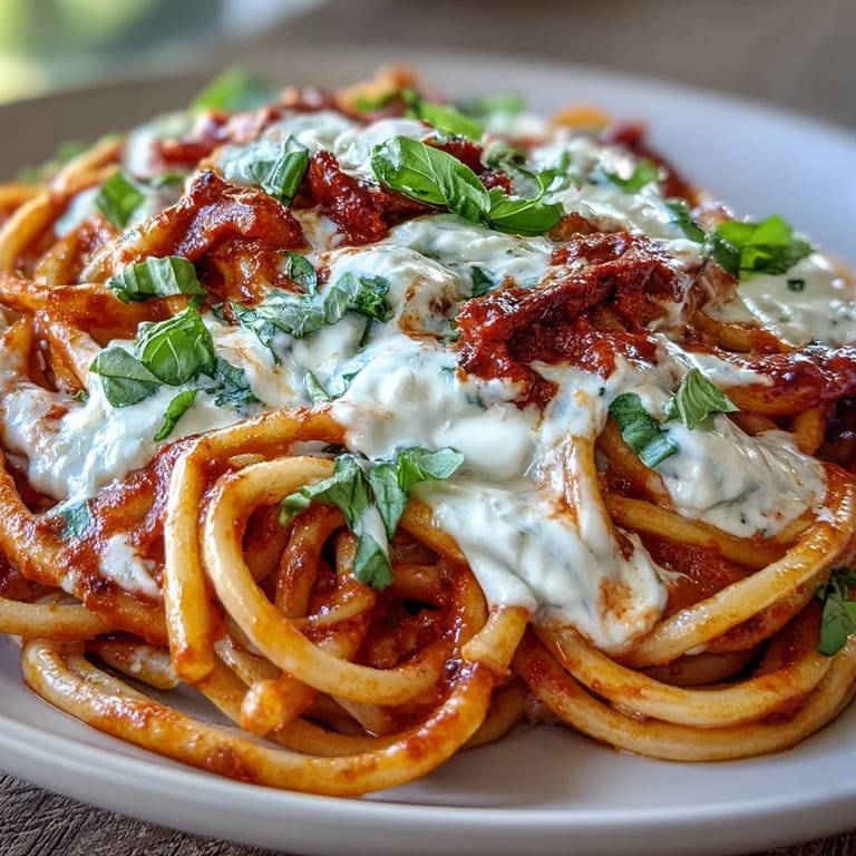 Top-down view of Creamy Red Pepper Pasta with Burrata & Herbs, perfect for weeknight dinners, with steam rising from burrata-topped bowls.