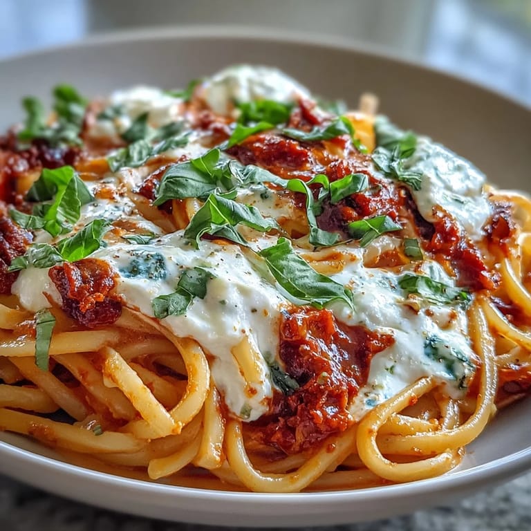 A close-up of Creamy Red Pepper Pasta with Burrata & Herbs, showcasing al dente pasta coated in velvety sauce and a lush herb garnish.  