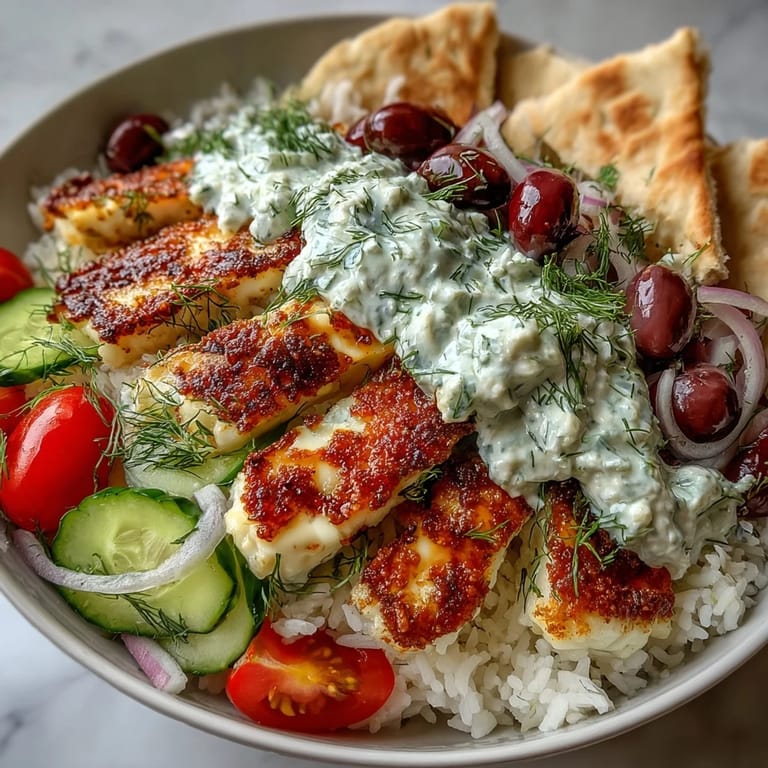 A close-up of the Greek Halloumi Power Bowl highlights the golden-brown crust on the cheese, bright red tomatoes, and creamy tzatziki dollop, served with warm pita wedges.  