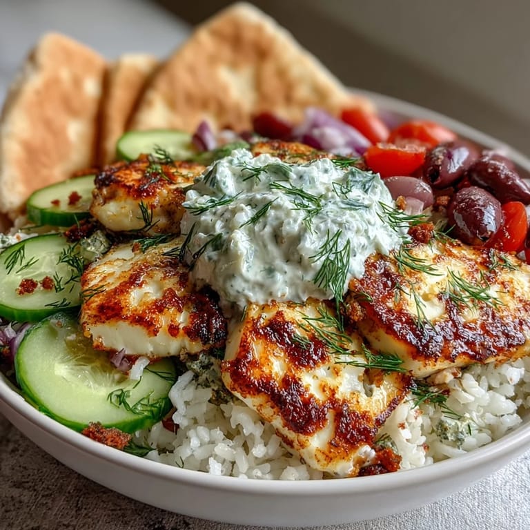 Enjoying the Greek Halloumi Power Bowl, featuring seared halloumi, fresh vegetables, and a generous helping of tzatziki sauce, perfect for a quick and healthy Mediterranean meal.