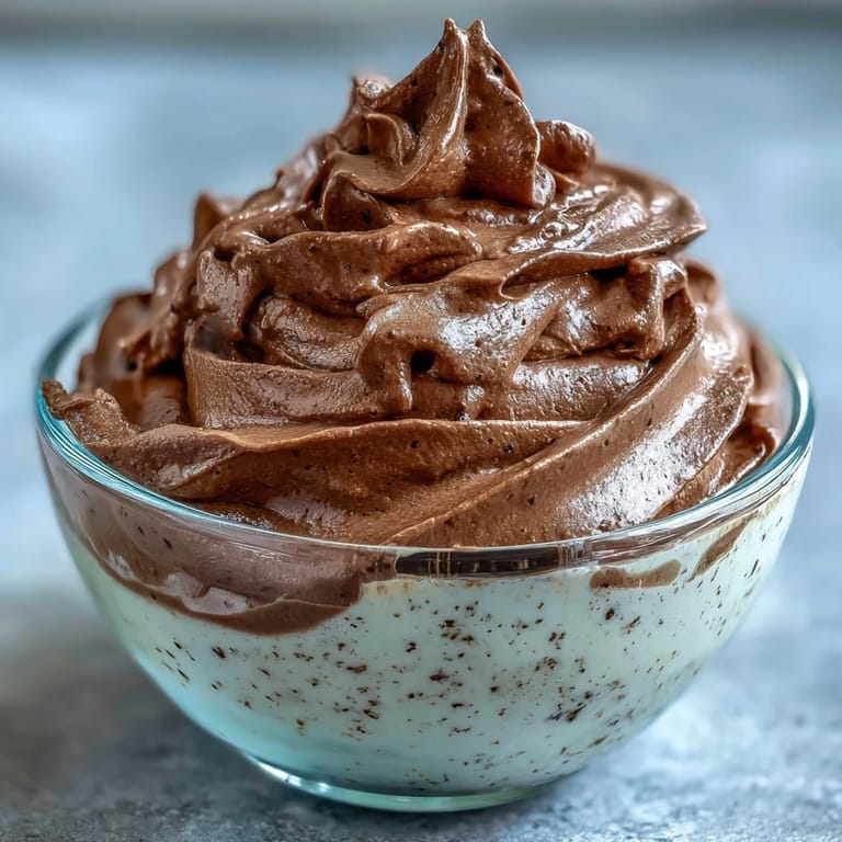 Airy chocolate protein fluff in a glass topped with chocolate chips and sliced strawberries.