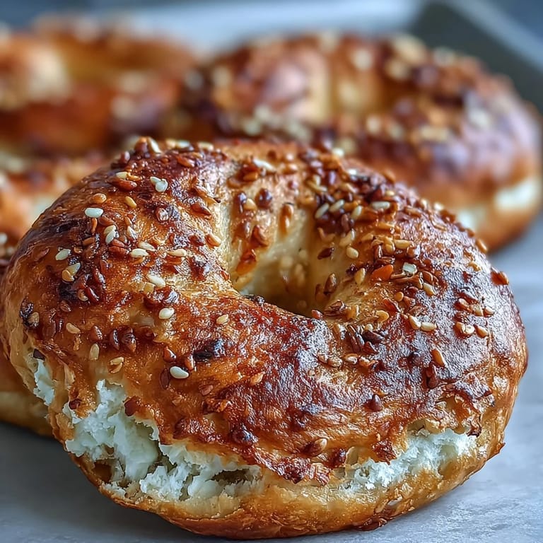 Warm Greek Yogurt Bagels topped with cinnamon sugar and sesame seeds, cooling on a wire rack for a healthy, protein-packed snack.