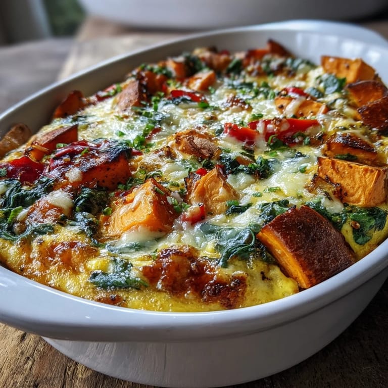 Vegetarian and gluten-free Easy Sweet Potato Egg Casserole topped with paprika, fresh herbs, and a side salad.