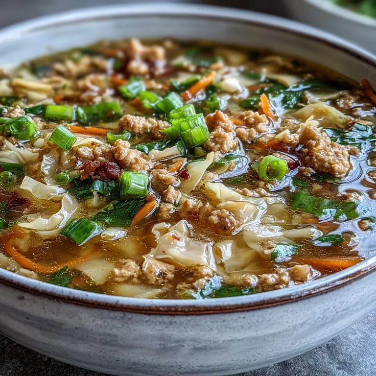 Spoon lifting a portion of One-Pot Egg Roll Soup, revealing egg ribbons, carrots, and pork in a ginger-infused, aromatic broth.