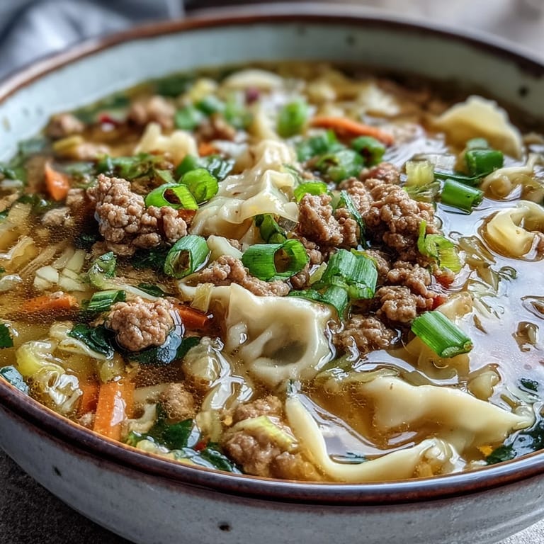 Serving One-Pot Egg Roll Soup from a rustic pot, garnished with green onions and red pepper flakes, ready for dinner.