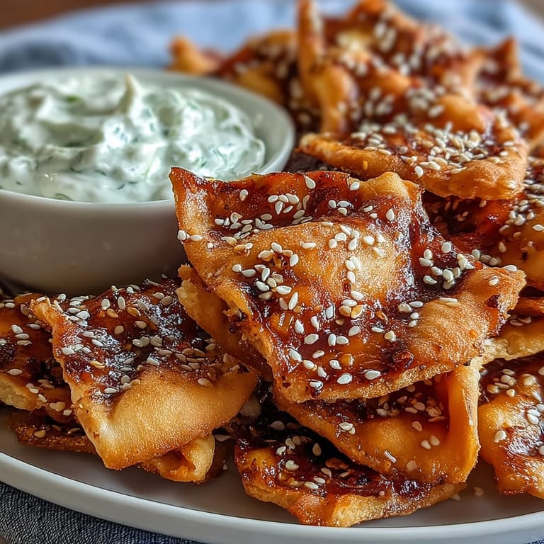 Close-up view of crunchy Spicy Chili Crisp Garlic Naan Chips and a ceramic bowl of Asian-inspired cucumber yogurt dip.
